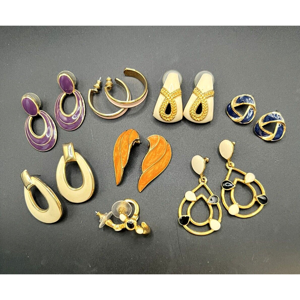 Lot of 8 Pierced Enamel Earrings Pink Orange Black Ivory Purple Black Gold